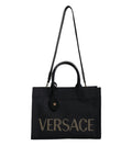 Versace Black Top Handle Canvas Leather Logo Crossbody Tote Bag nan