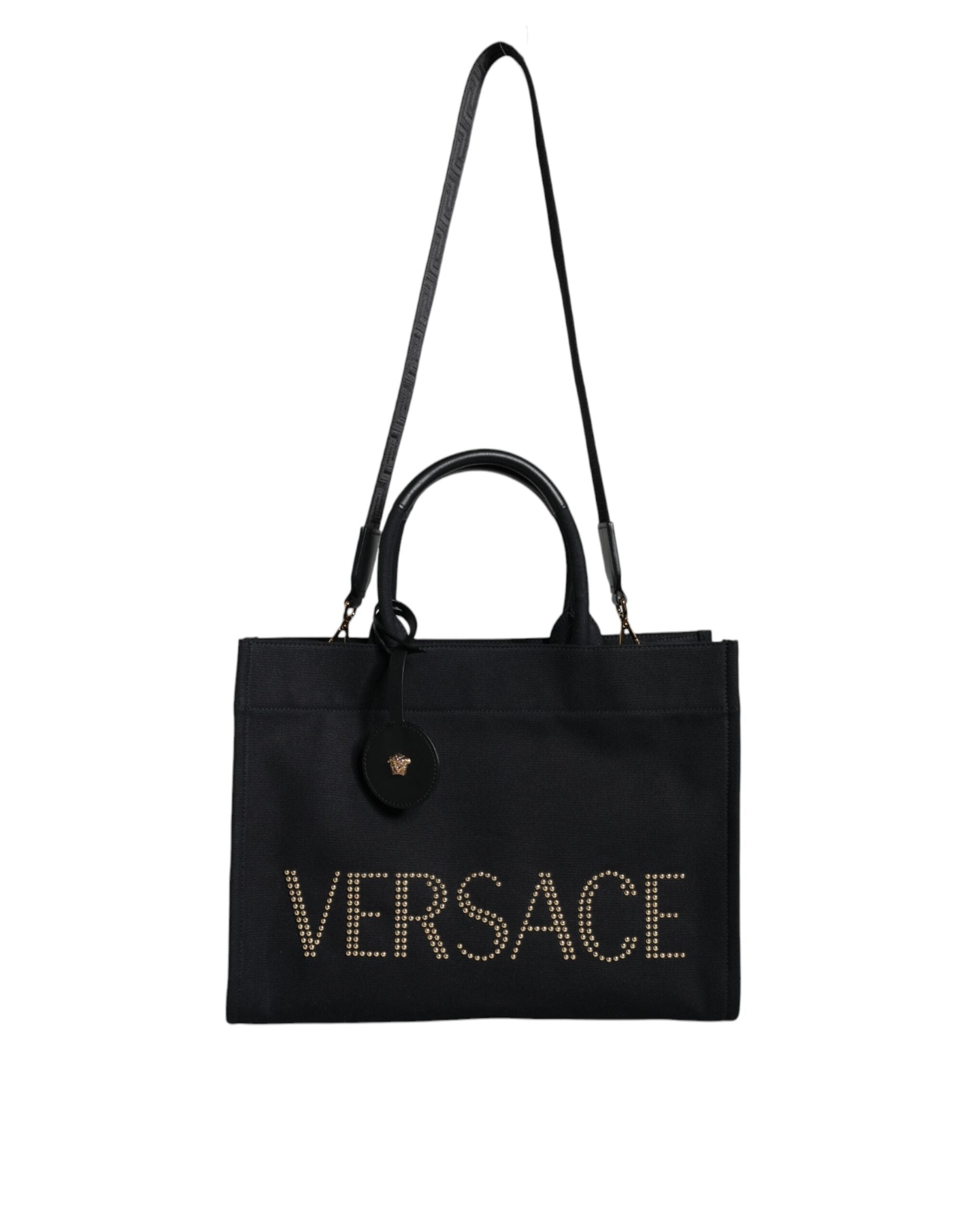 Versace Black Top Handle Canvas Leather Logo Crossbody Tote Bag nan