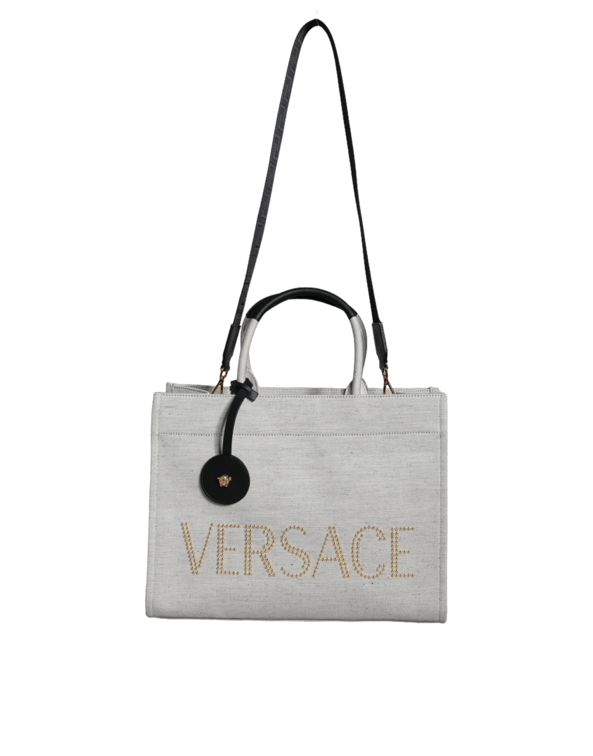 Versace White Top Handle Canvas Leather Logo Crossbody Tote Bag nan